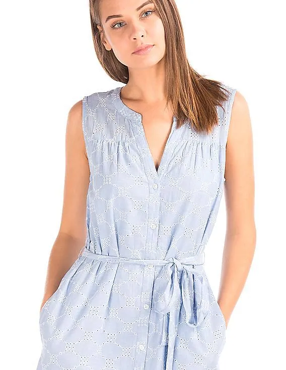 GAP Women Blue Schiffli Embroidered Belted Shirt Dress