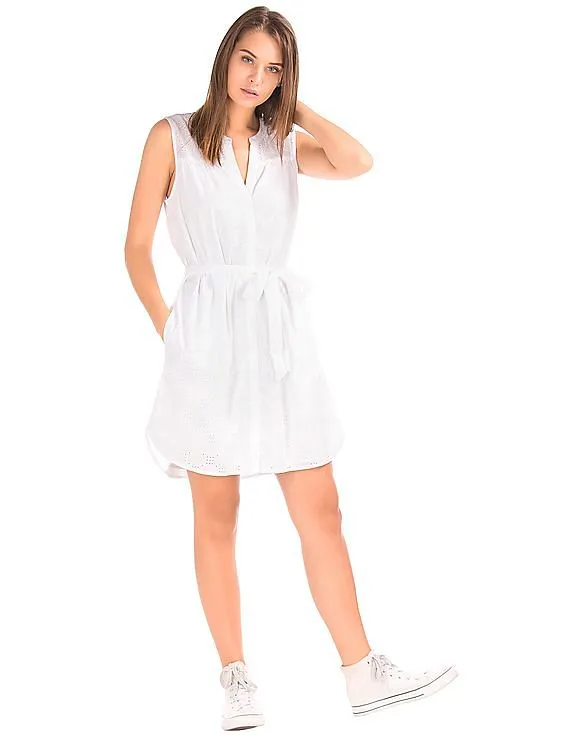 GAP Women White Schiffli Sleeveless Shirt Dress