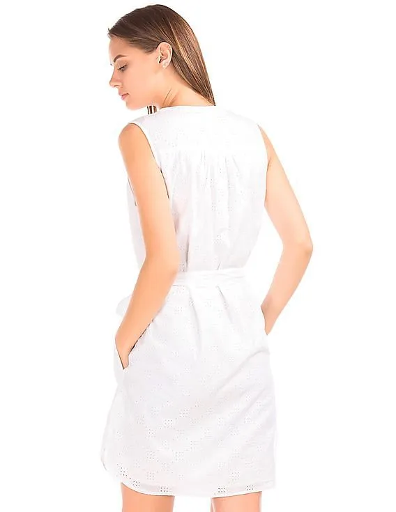 GAP Women White Schiffli Sleeveless Shirt Dress