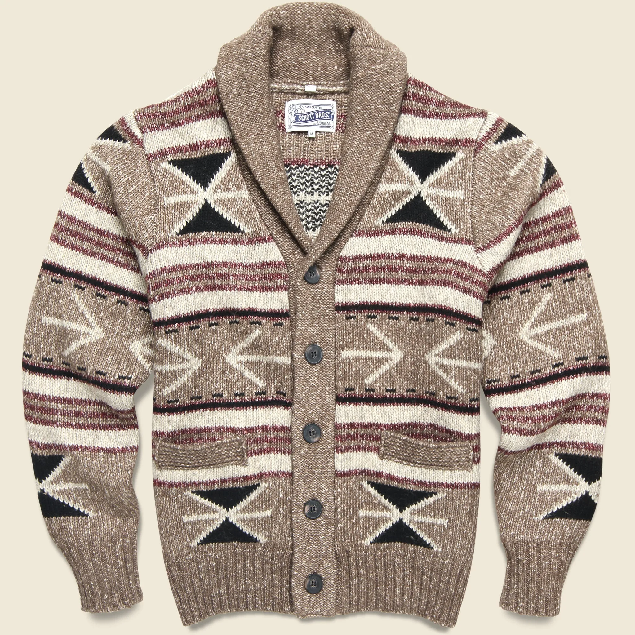 Geometric Shawl Cardigan - Khaki/Beige/Red