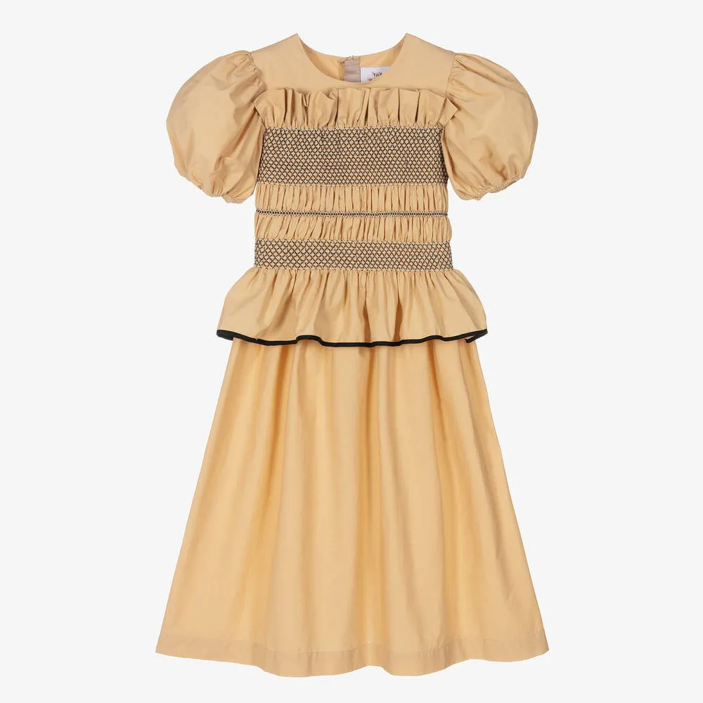 Girls Beige Cotton Shirred Frill Dress