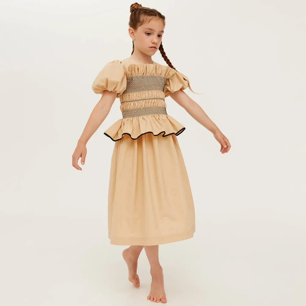 Girls Beige Cotton Shirred Frill Dress