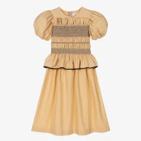 Girls Beige Cotton Shirred Frill Dress