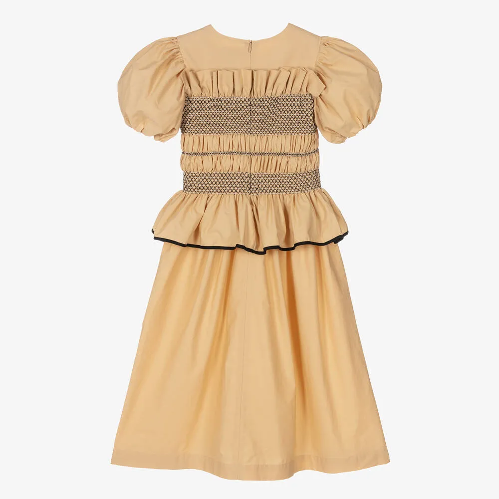 Girls Beige Cotton Shirred Frill Dress