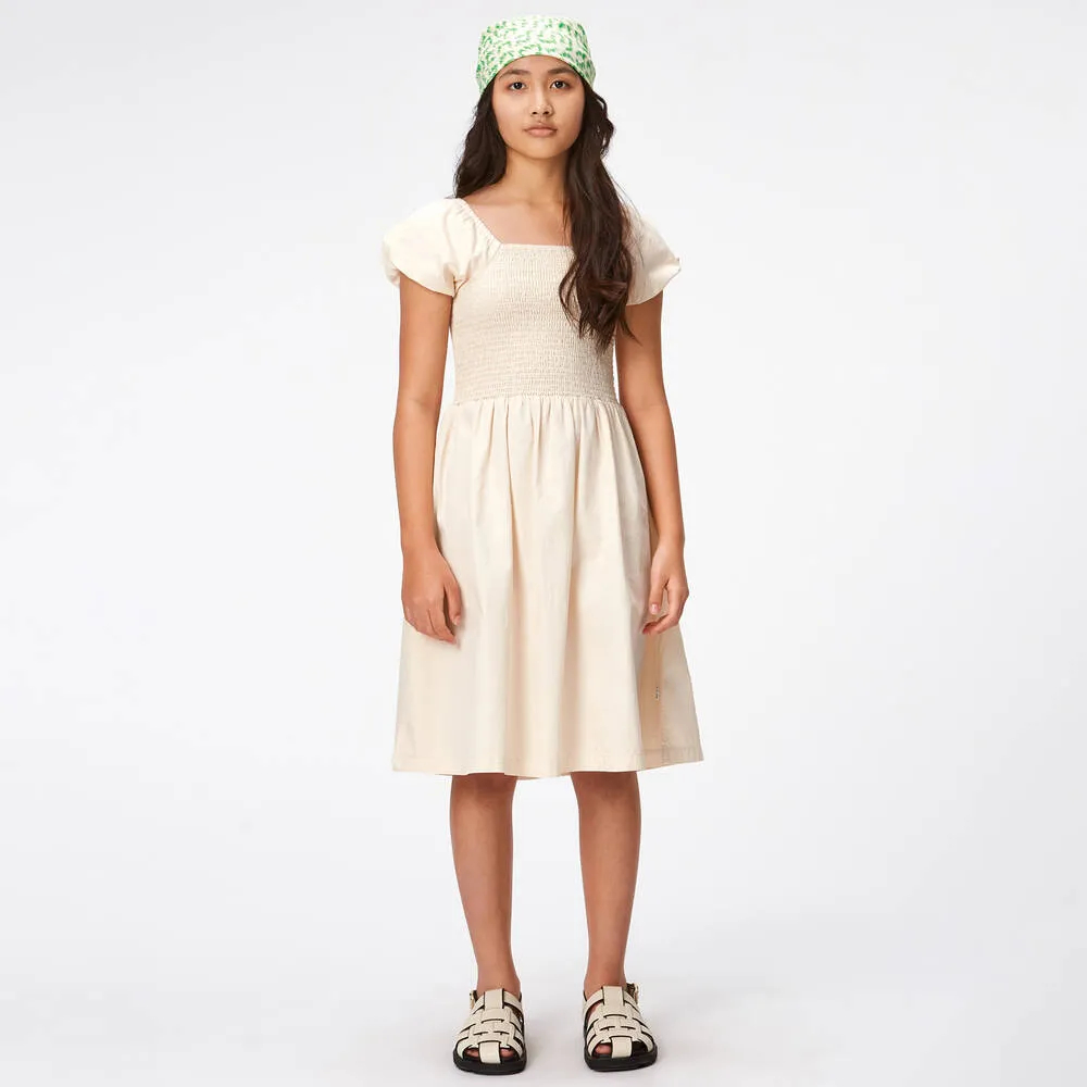 Girls Beige Shirred Organic Cotton Dress