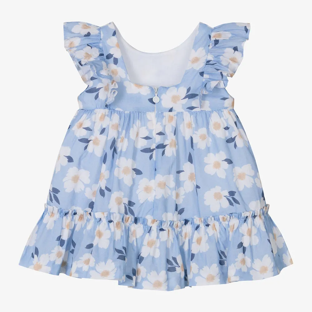 Girls Blue Floral Cotton Shirred Dress