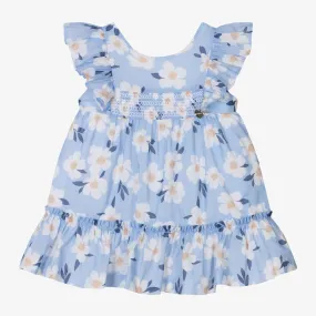 Girls Blue Floral Cotton Shirred Dress