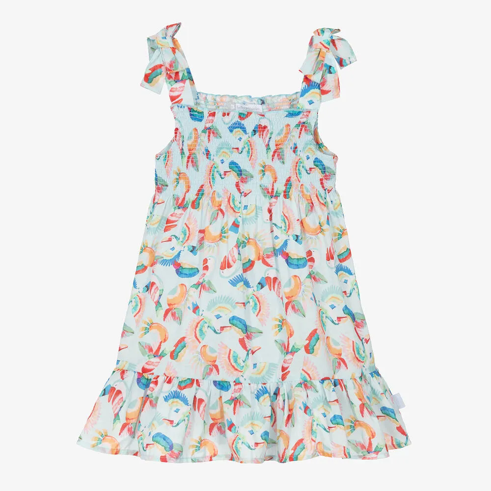 Girls Blue Tropical Shirred Cotton Dress