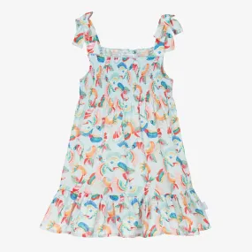 Girls Blue Tropical Shirred Cotton Dress