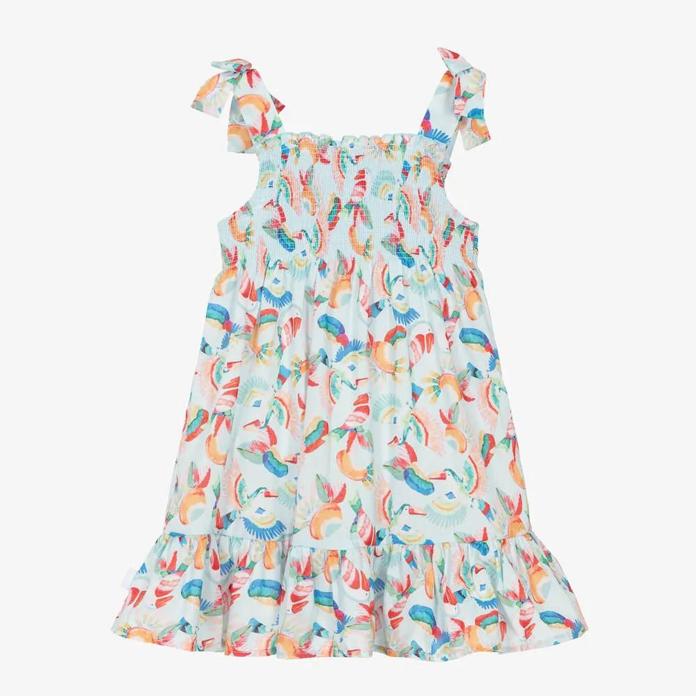 Girls Blue Tropical Shirred Cotton Dress