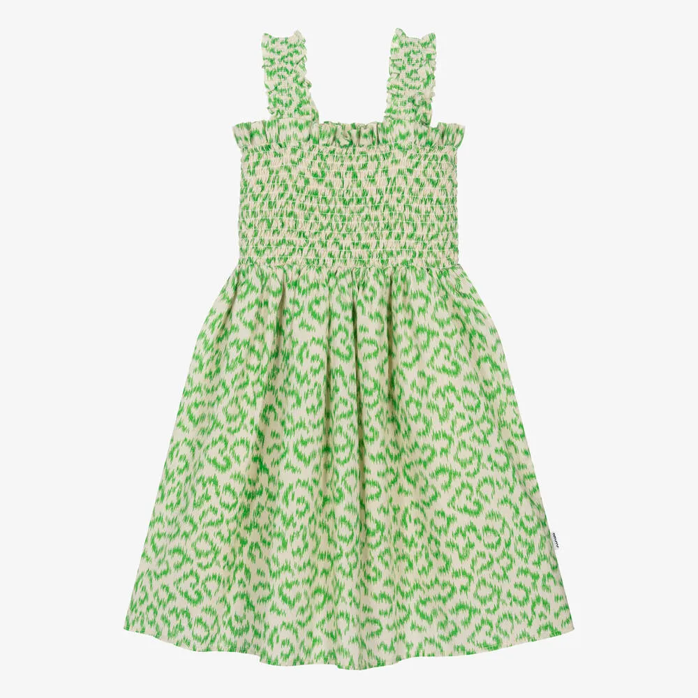 Girls Green Shirred Cotton Dress