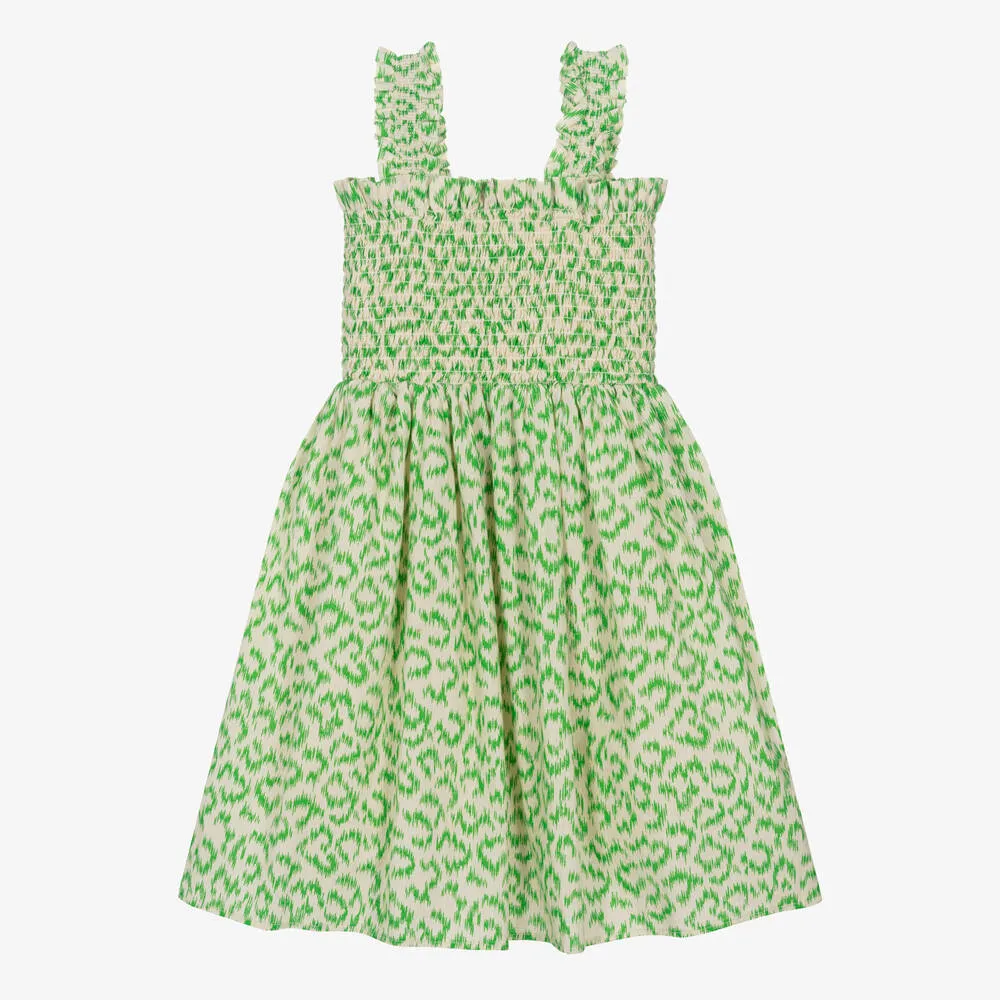 Girls Green Shirred Cotton Dress