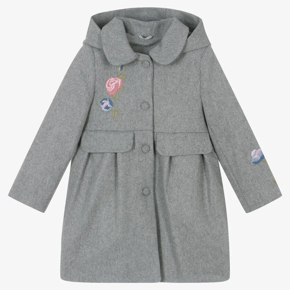 Girls Grey Embroidered Wool Coat