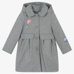 Girls Grey Embroidered Wool Coat