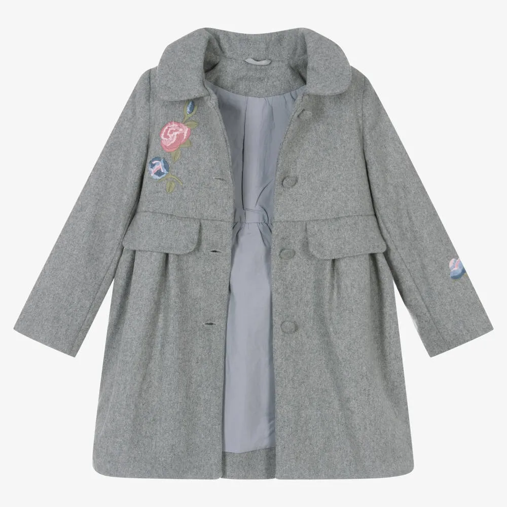 Girls Grey Embroidered Wool Coat