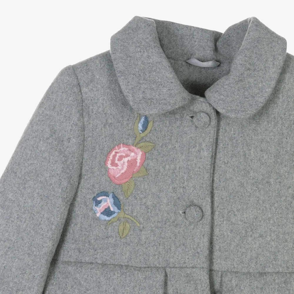 Girls Grey Embroidered Wool Coat