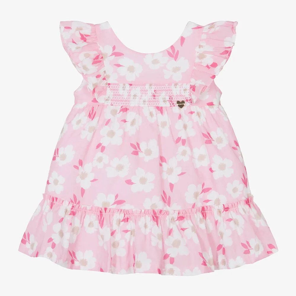 Girls Pink Floral Cotton Shirred Dress