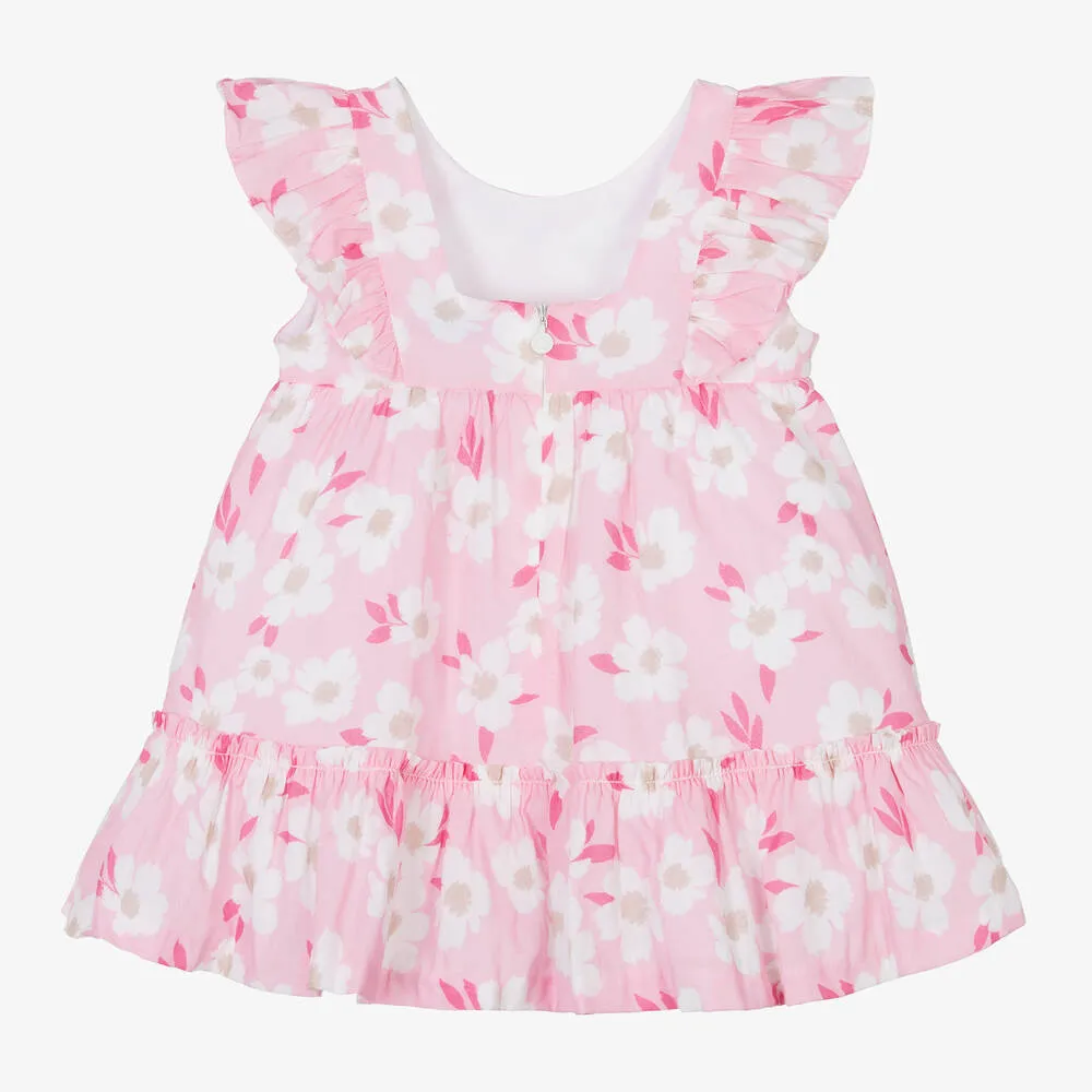 Girls Pink Floral Cotton Shirred Dress