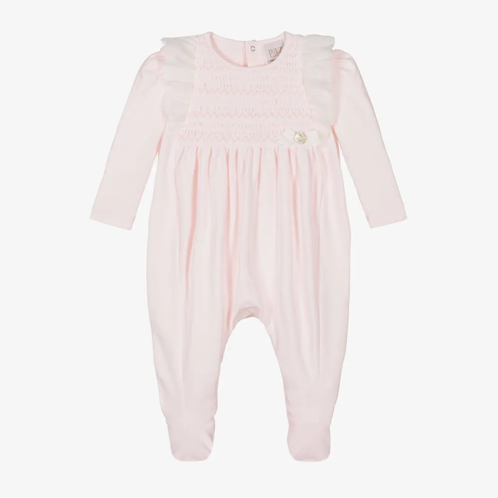 Girls Pink Shirred Cotton Babygrow