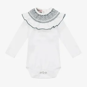 Girls White Cotton Shirred Collar Bodysuit