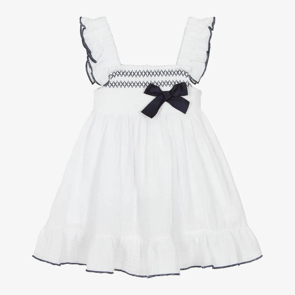 Girls White Cotton Shirred Dress