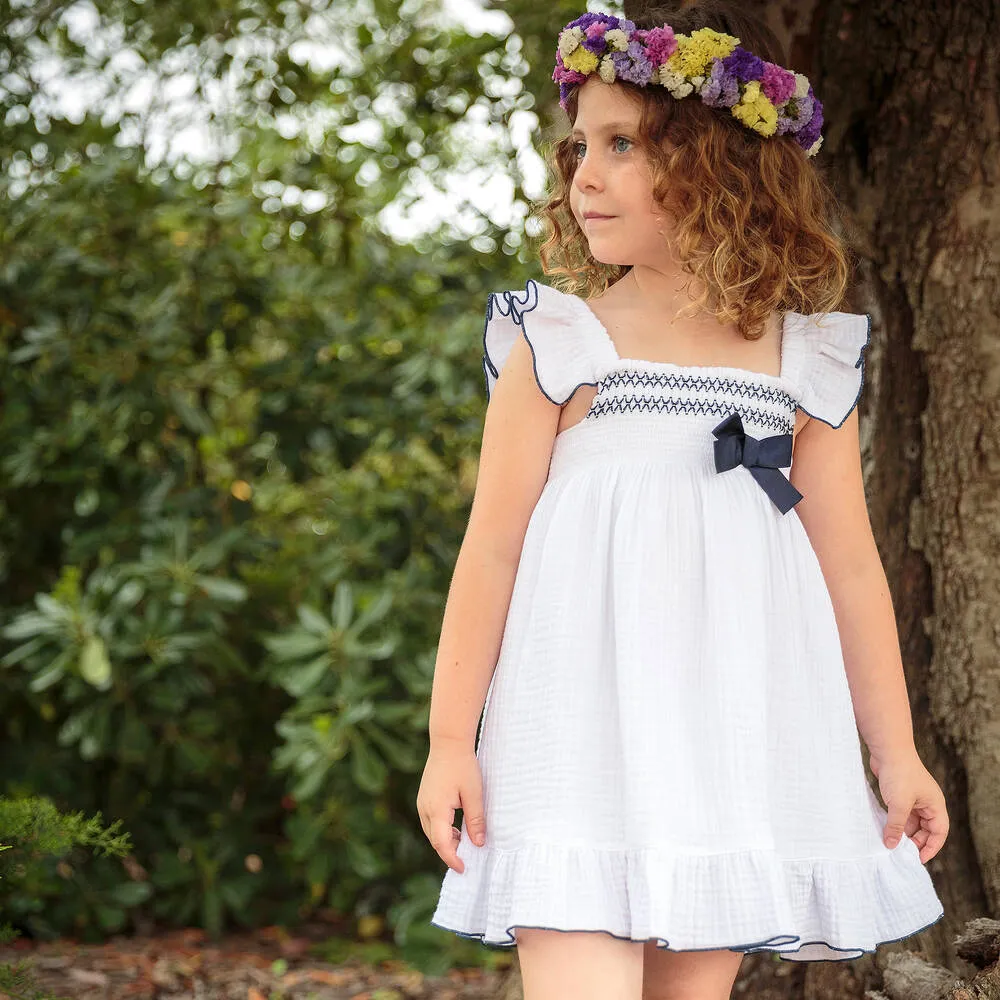 Girls White Cotton Shirred Dress