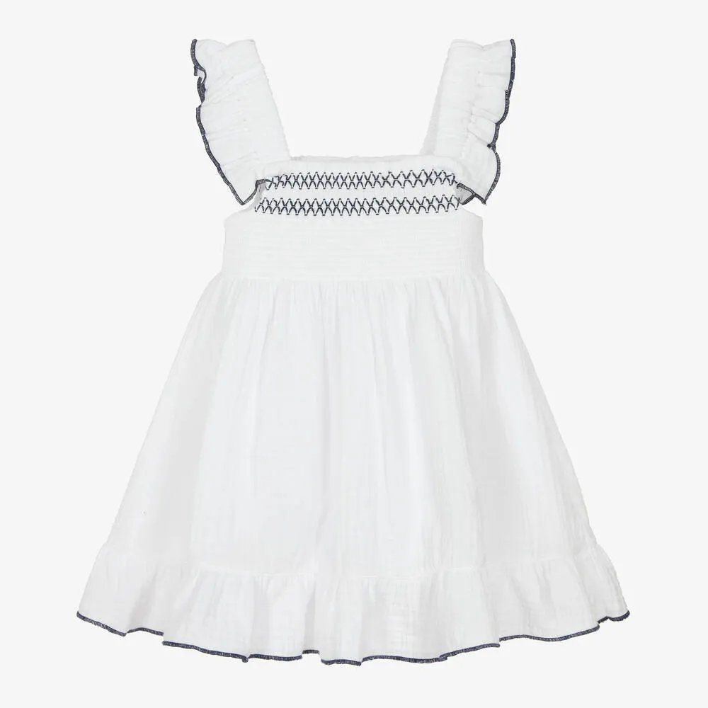 Girls White Cotton Shirred Dress