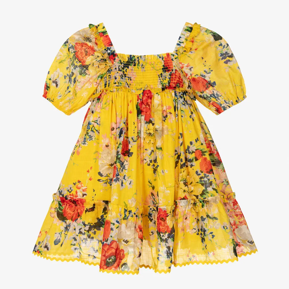 Girls Yellow Floral Shirred Cotton Dress