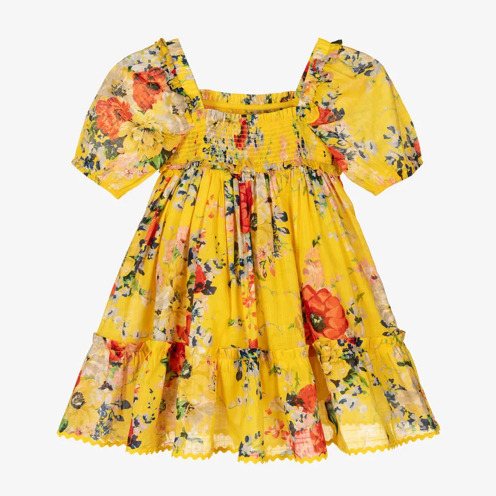 Girls Yellow Floral Shirred Cotton Dress