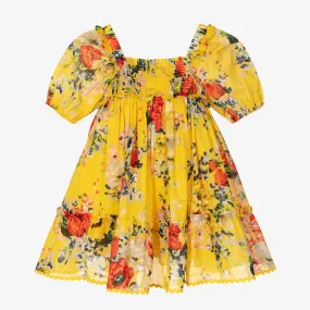 Girls Yellow Floral Shirred Cotton Dress