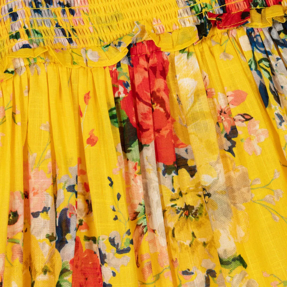 Girls Yellow Floral Shirred Cotton Dress