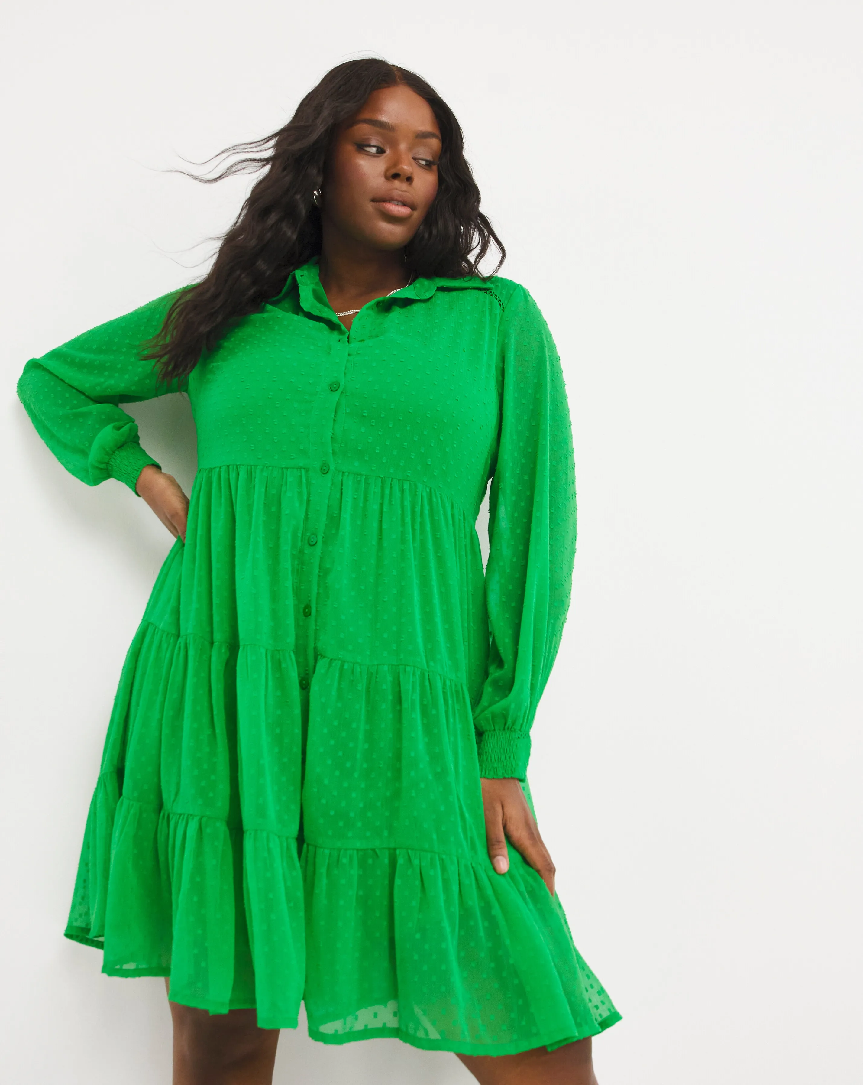 Green Dobby Button Through Smock Dress | Simply Be