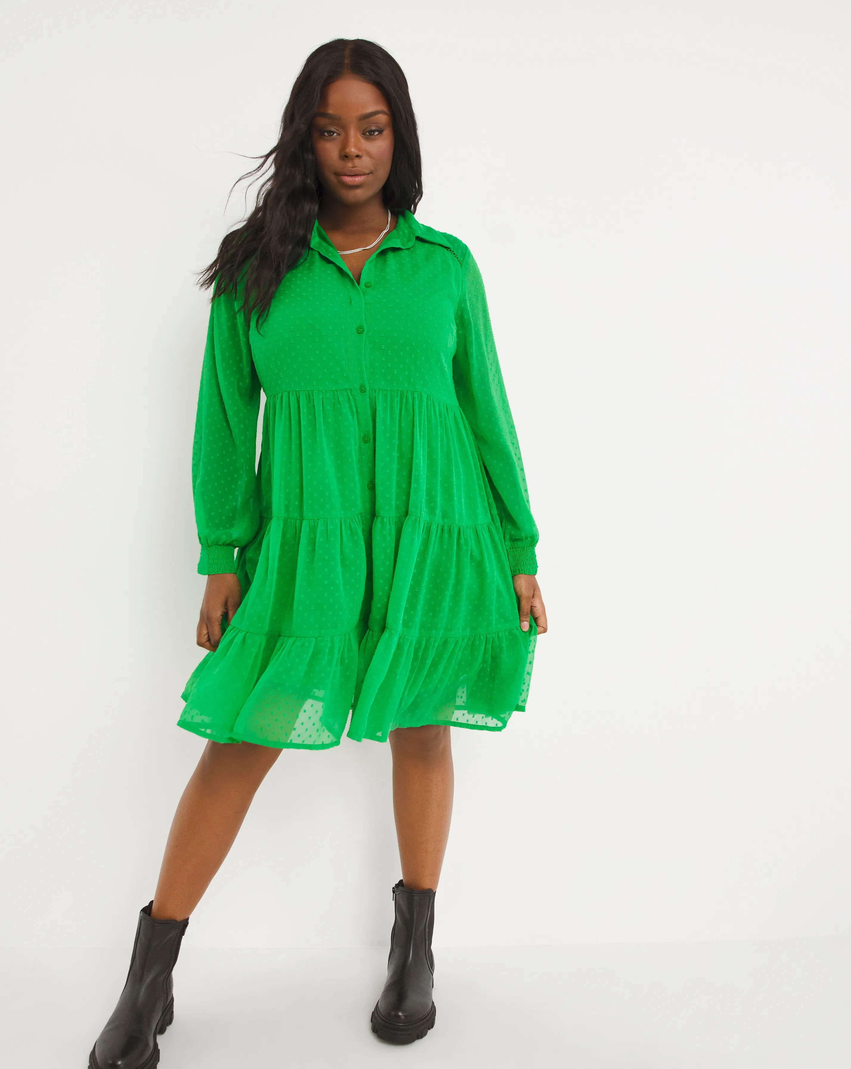 Green Dobby Button Through Smock Dress | Simply Be