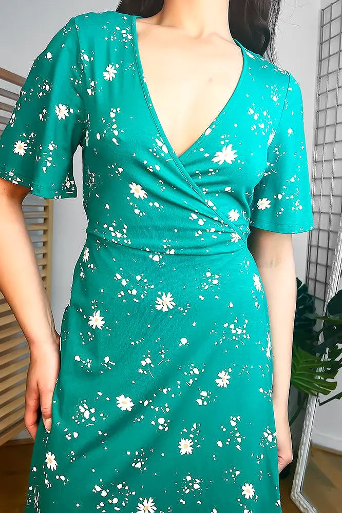 Green Floral Print Classic Wrap Dress