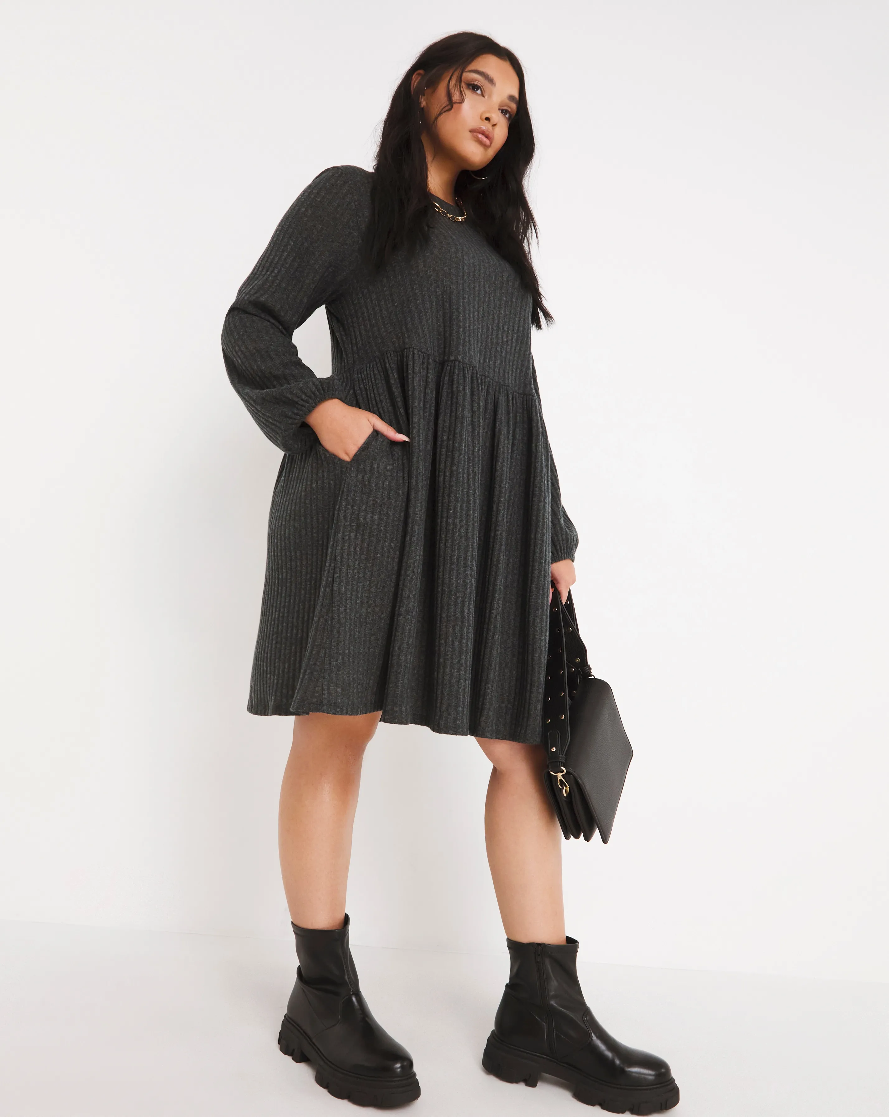 Grey Ribbed Smock Dress With Pockets | Simply Be