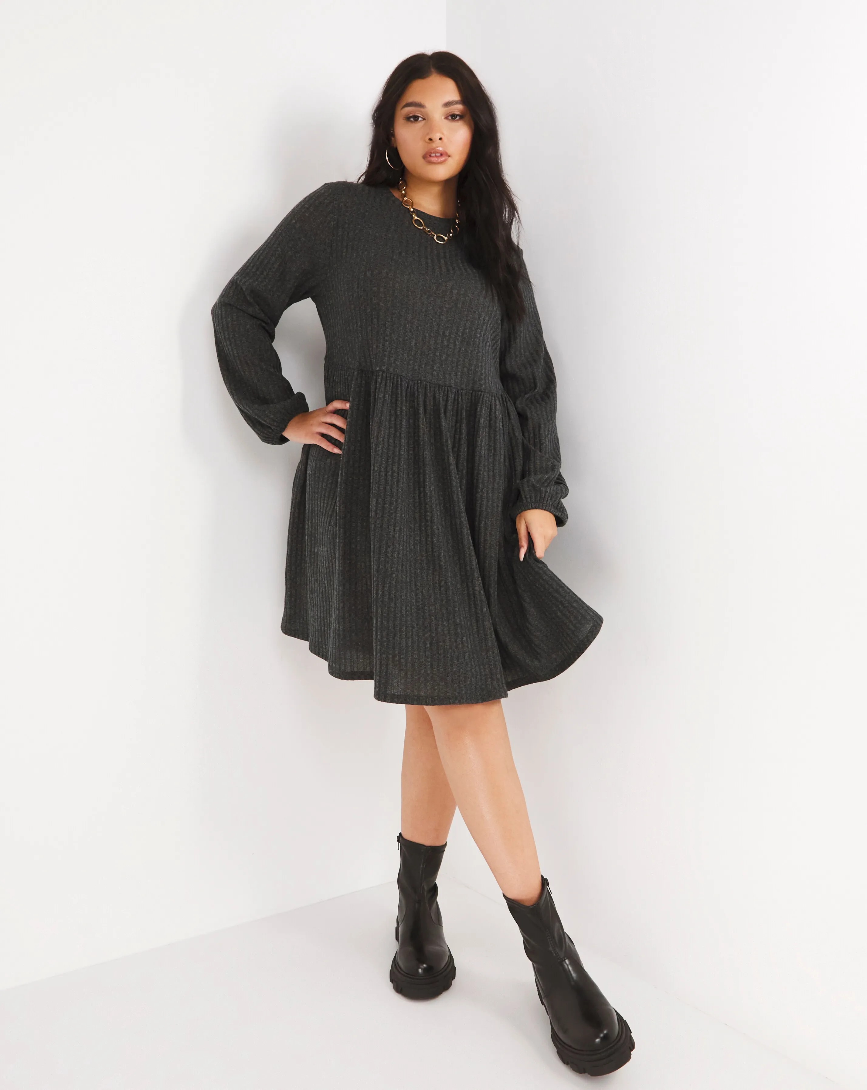 Grey Ribbed Smock Dress With Pockets | Simply Be