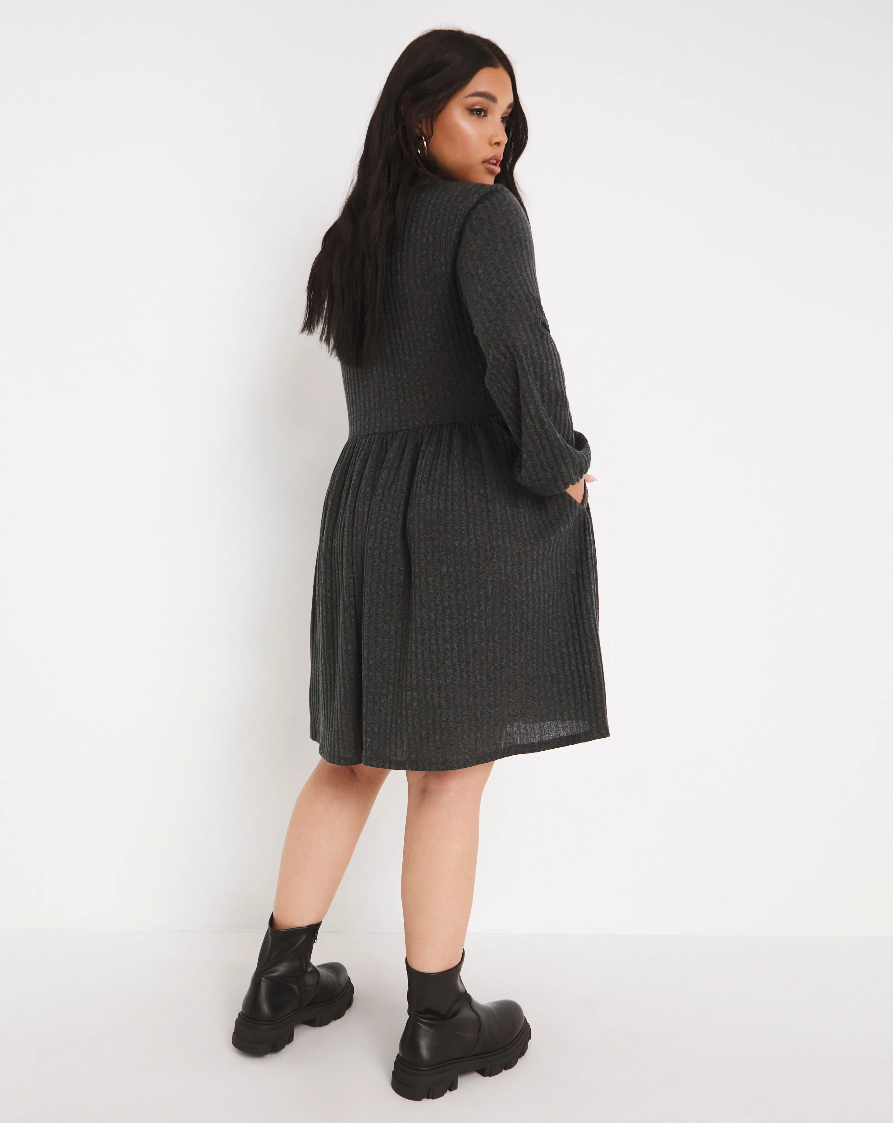 Grey Ribbed Smock Dress With Pockets | Simply Be