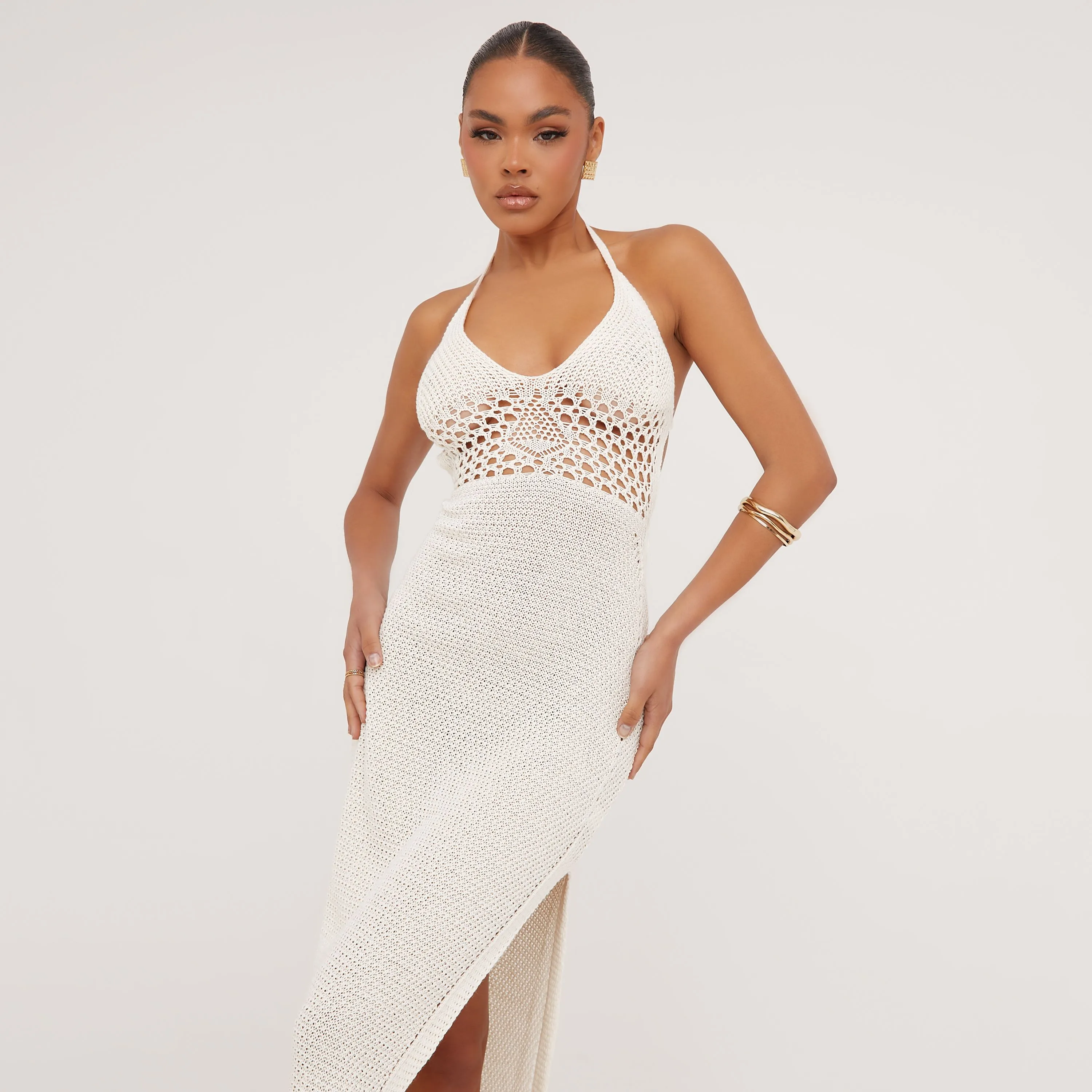 Halterneck Plunge Cut Out Detail Split Side Maxi Dress In Stone Crochet Knit