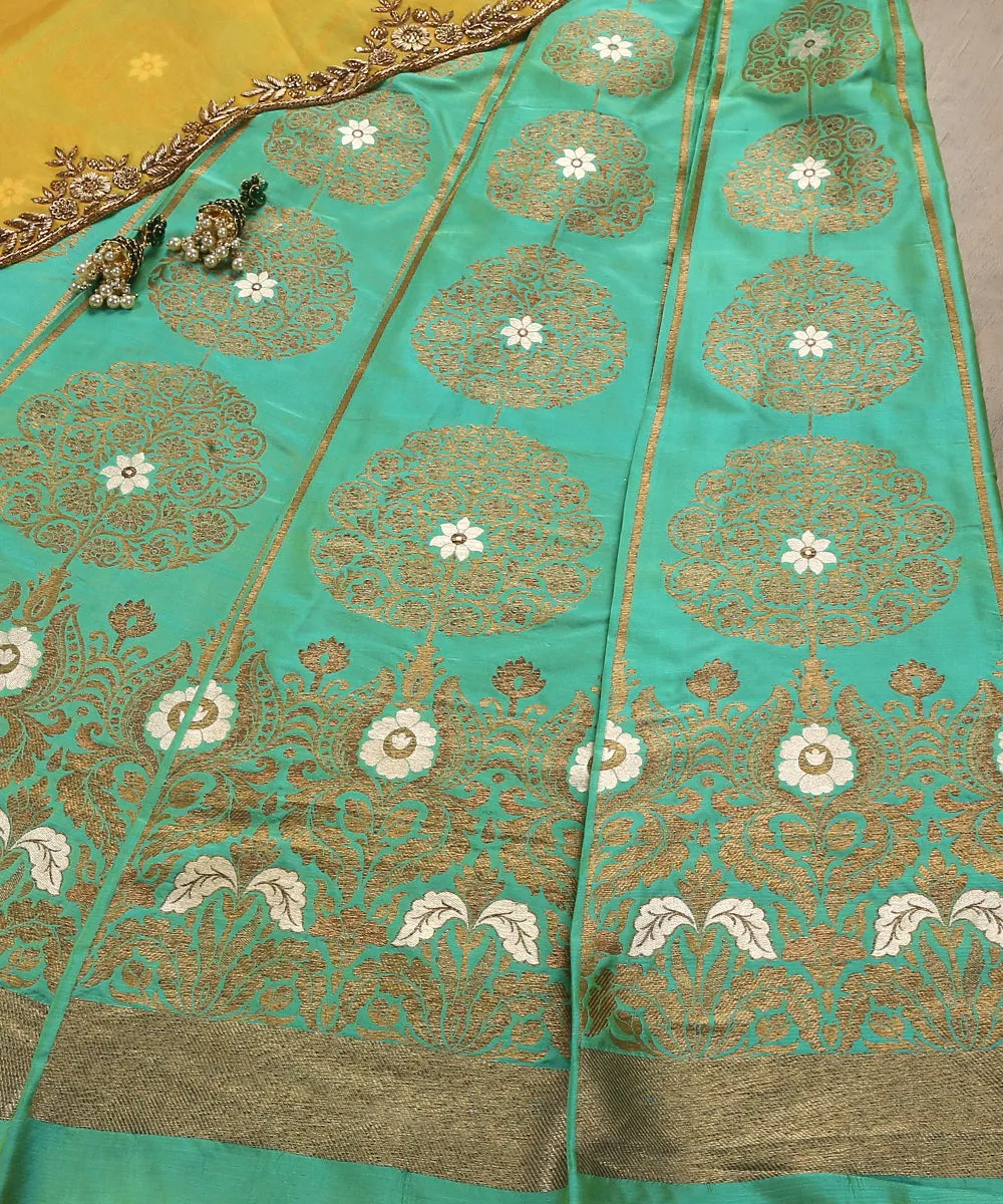 Handloom Powder Blue Pure Katan Silk Banarasi Lehenga With Meenakari