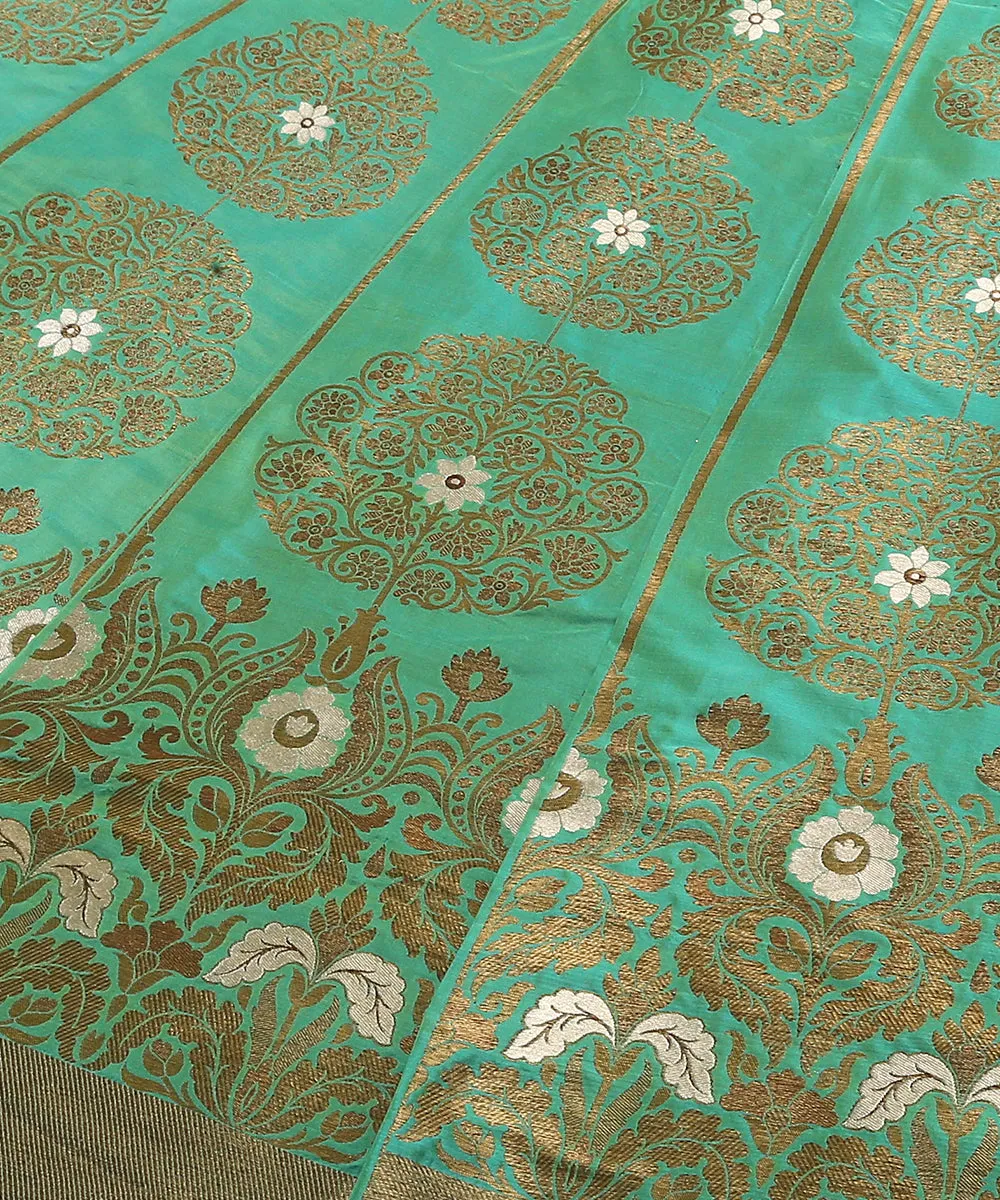 Handloom Powder Blue Pure Katan Silk Banarasi Lehenga With Meenakari