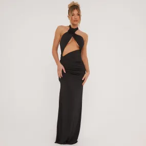 High Neck Rose Detail Cut Out Maxi Dress In Black Slinky