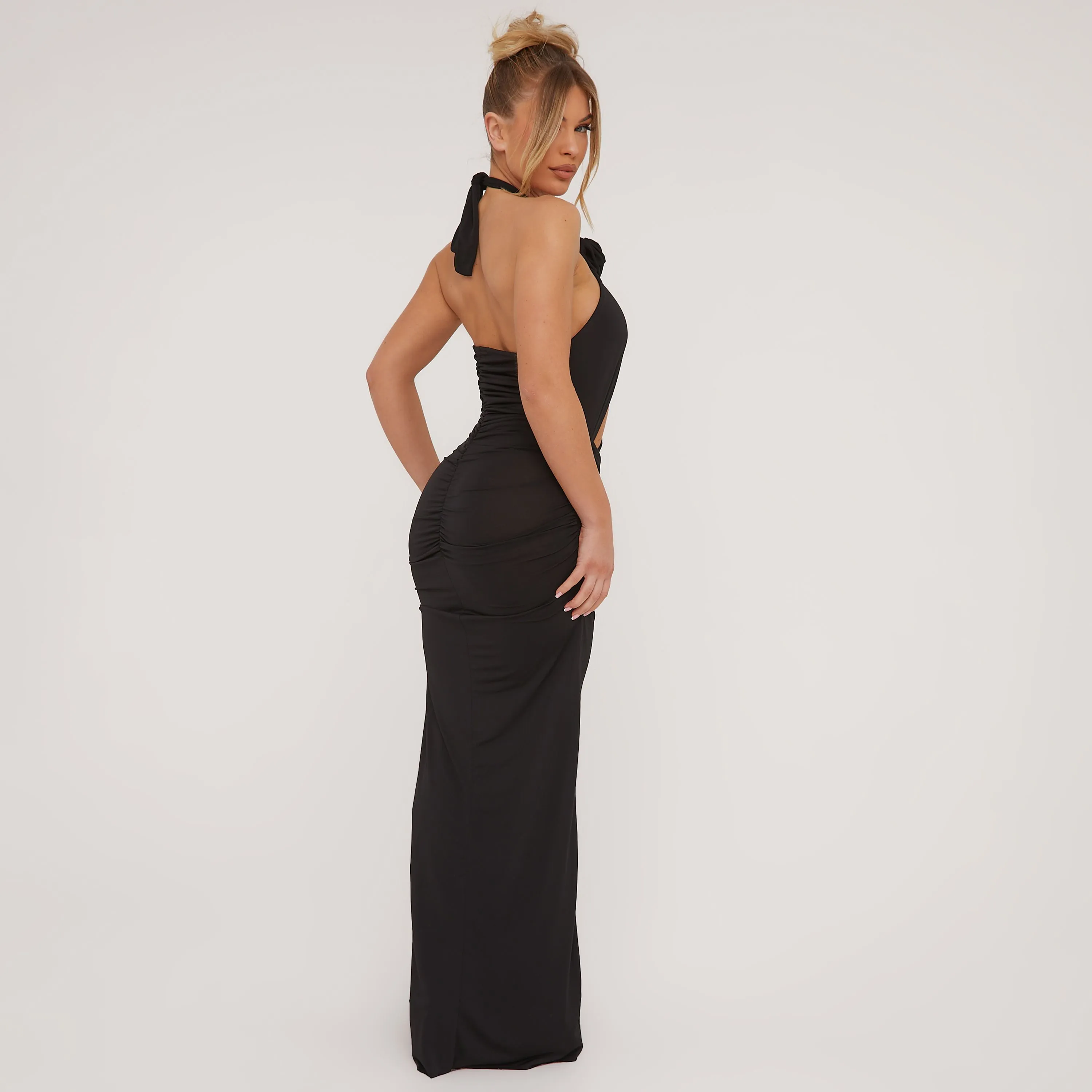 High Neck Rose Detail Cut Out Maxi Dress In Black Slinky