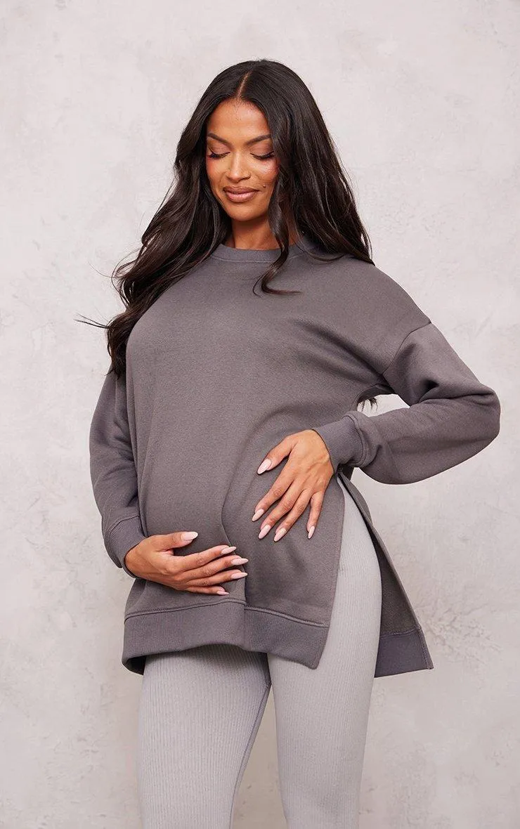 Hoodies & Sweatshirts | Maternity Charcoal Nursing Side Split Sweater | PrettyLittleThing