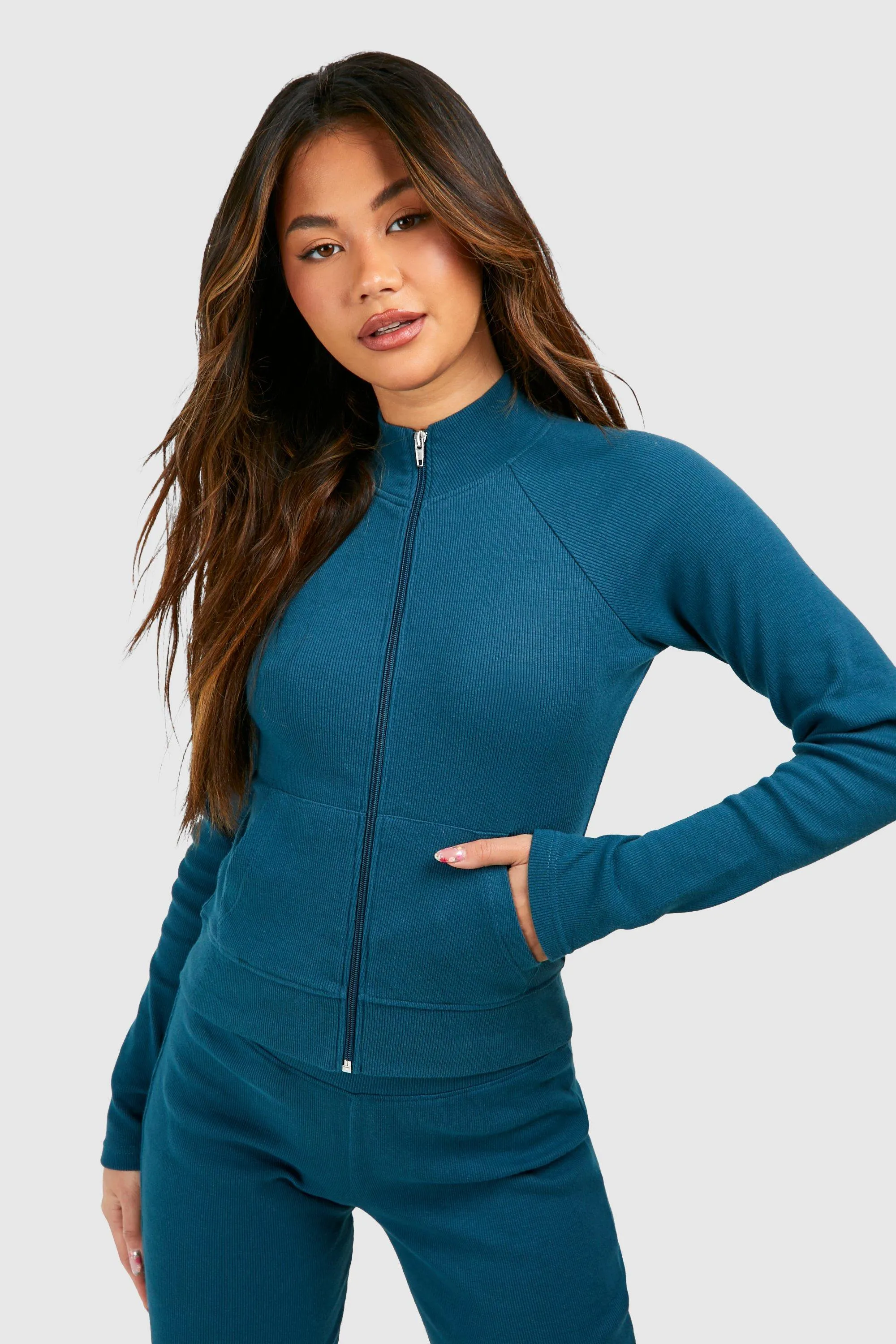 Hoodies & Sweatshirts | Ribbed High Neck Zip Through Jacket | boohoo