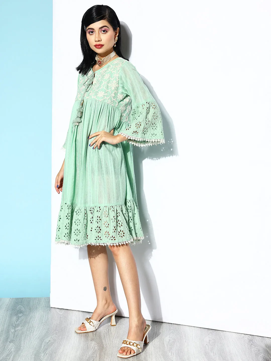 Ishin Women's Cotton Green Schiffli Embroidered A-Line Dress