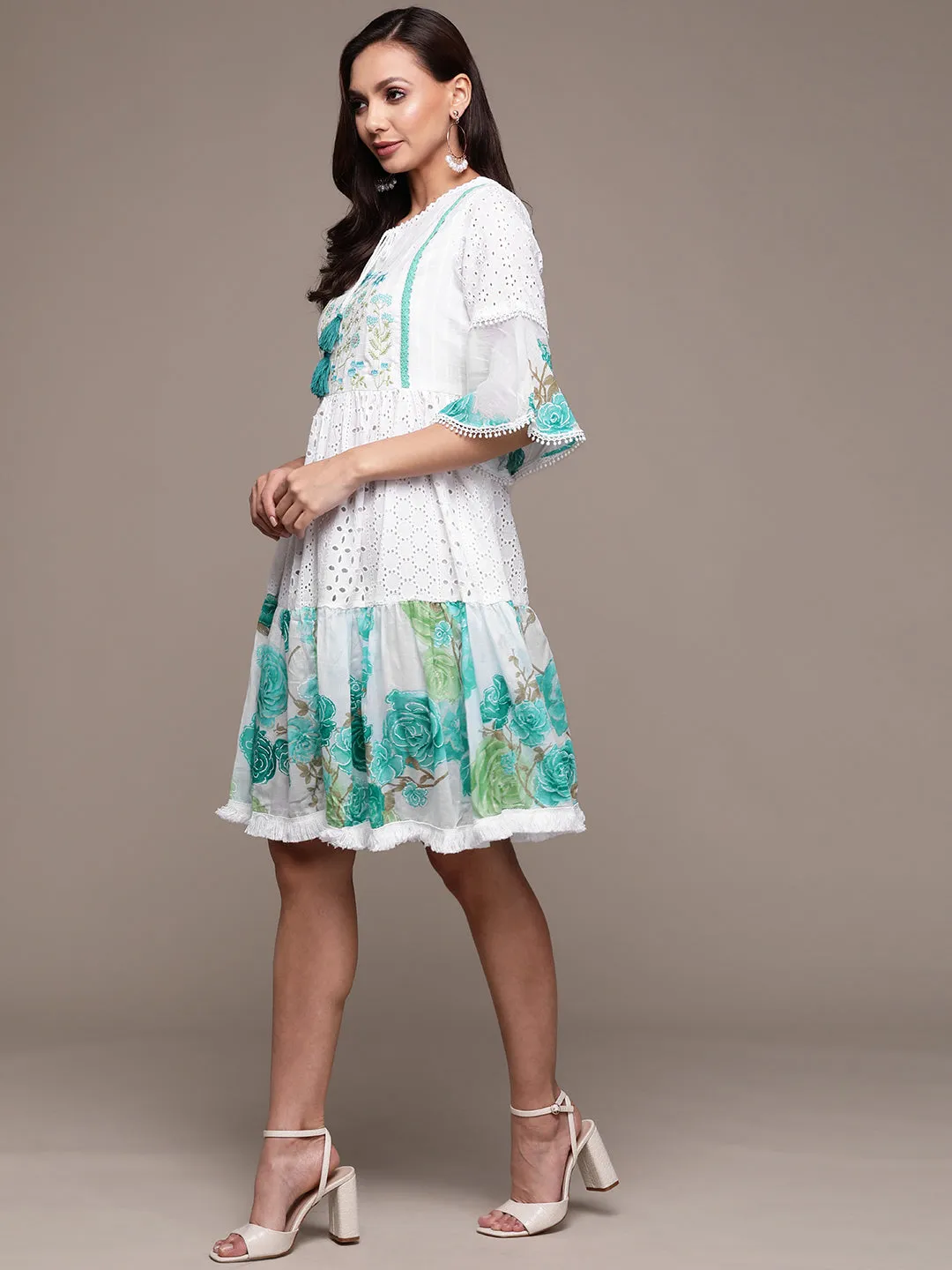 Ishin Women's Cotton White & Sea Green Schiffli Embroidered A-Line Dress