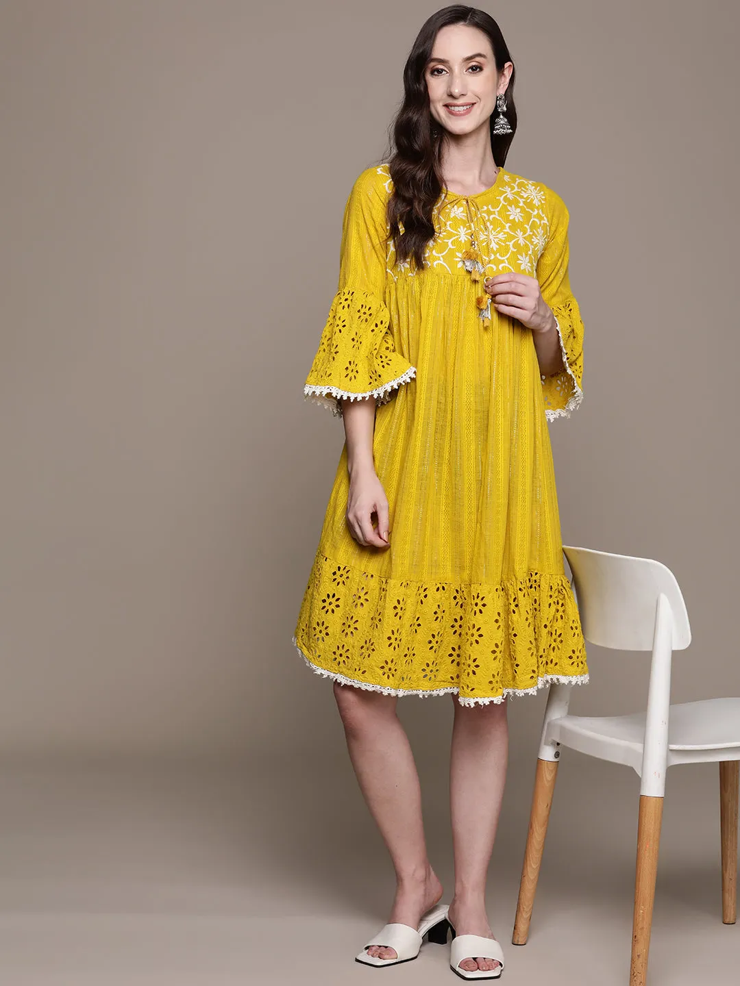 Ishin Women's Cotton Yellow Schiffli Embroidered A-Line Dress