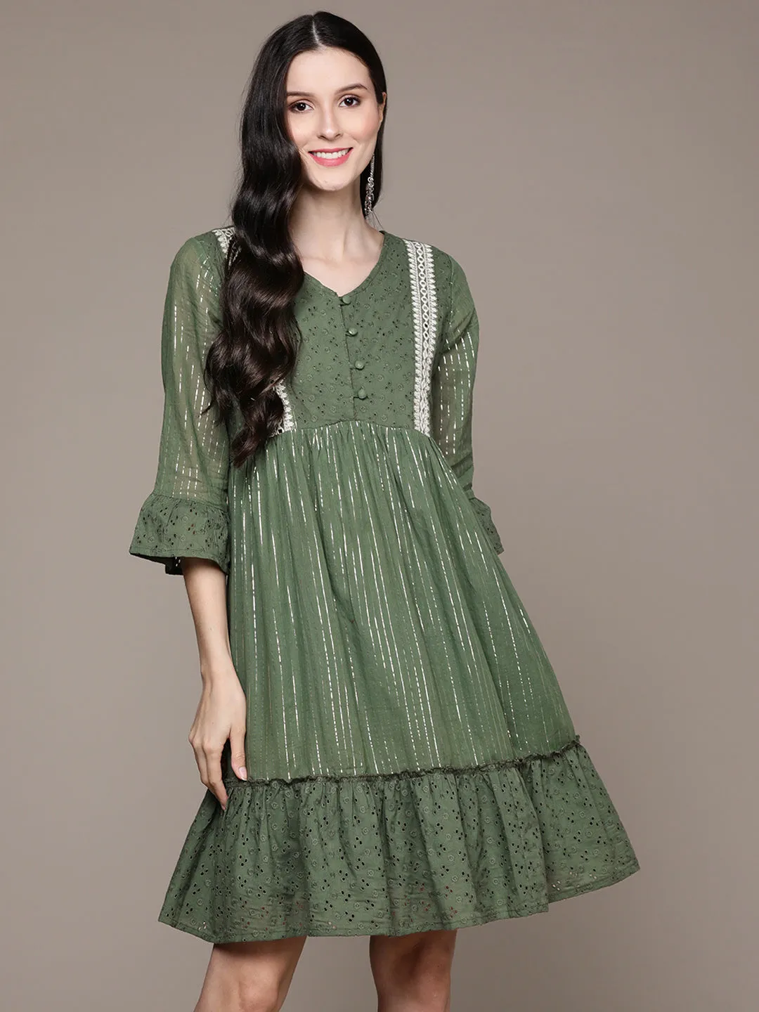 Ishin Women's Green Schiffli Embroidered Fit & Flare Dress