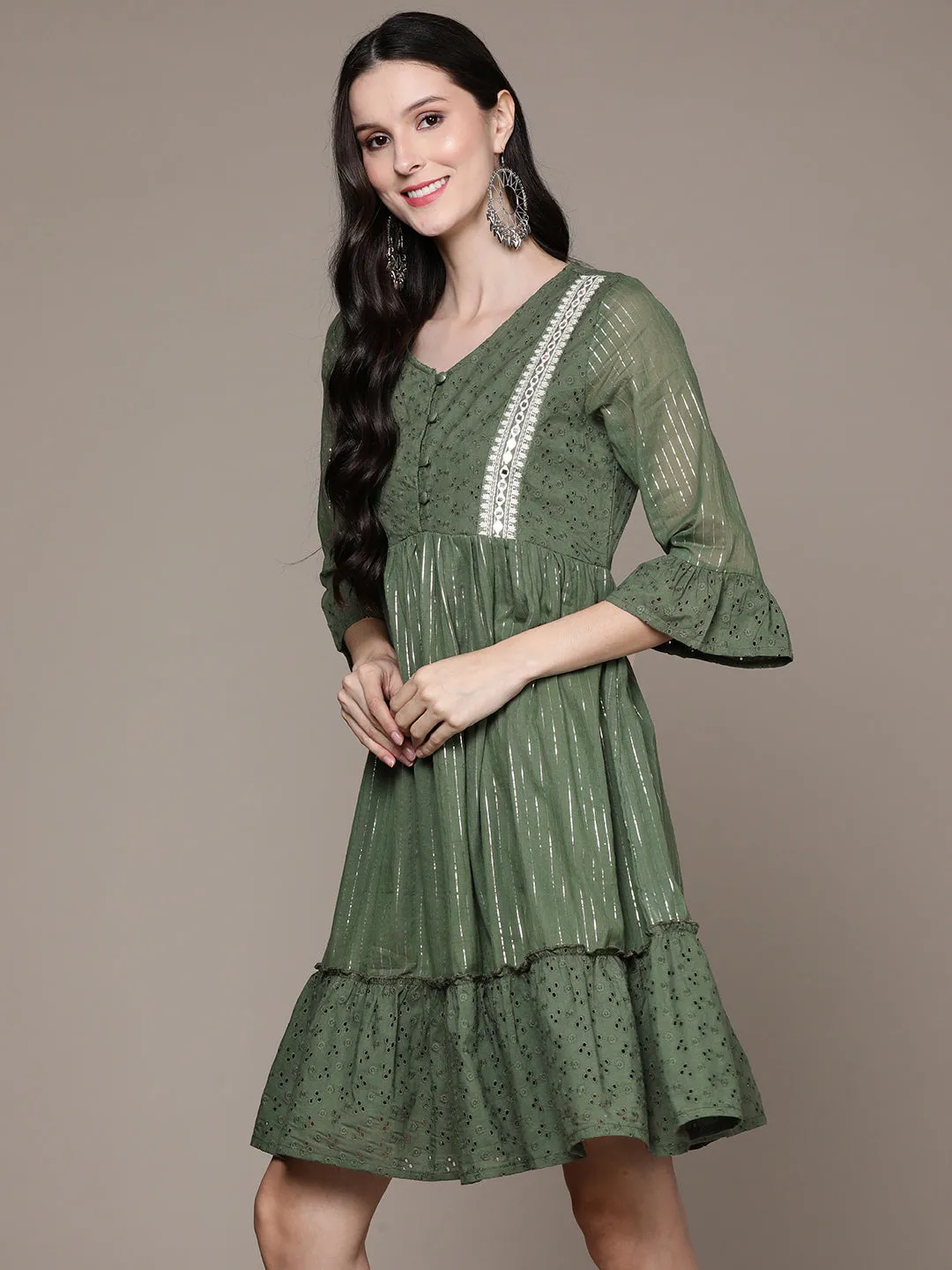 Ishin Women's Green Schiffli Embroidered Fit & Flare Dress