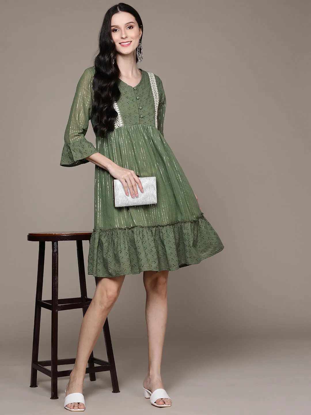 Ishin Women's Green Schiffli Embroidered Fit & Flare Dress